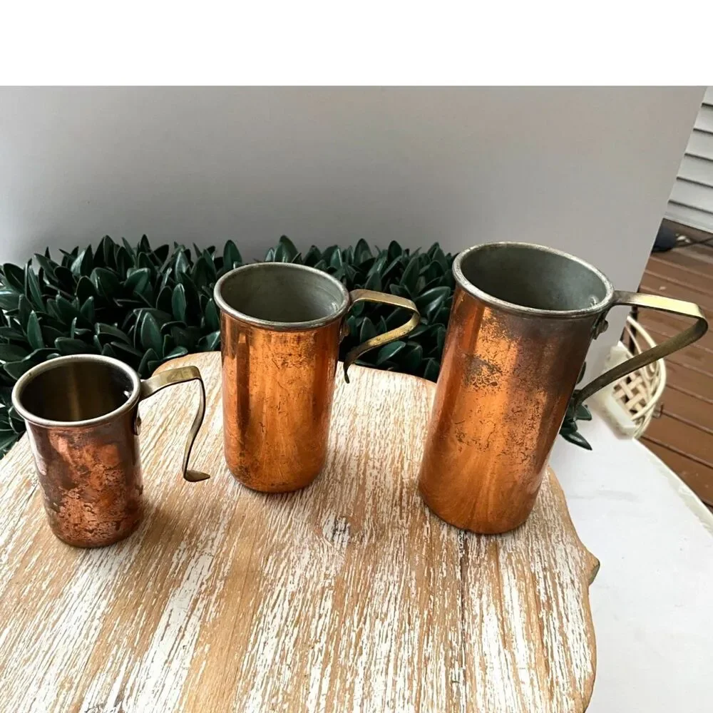 3 vintage copper measuring cups; unusual size MCM copper